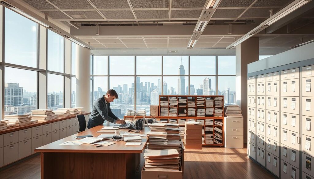 A well-lit, high-resolution photograph of an archivist's workstation in a modern, minimalist office setting. The foreground shows a professional archivist meticulously organizing and cataloging historical documents and artifacts on a clean, wooden desk. The middle ground features rows of neatly organized filing cabinets and archival storage units. The background showcases large windows offering a panoramic view of a bustling city skyline, conveying the importance and impact of the archivist's work. The overall atmosphere is one of quiet focus, attention to detail, and the preservation of cultural heritage.