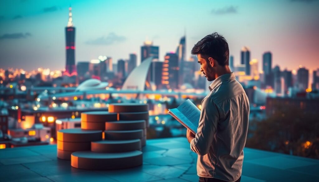 A well-lit, high-resolution scene depicting the various steps of a job search process. In the foreground, a person stands thoughtfully, examining documents and considering their career options. In the middle ground, a series of stepping stones or steppingstones represent the key stages of the job search, such as networking, applying, interviewing, and negotiating. The background features a dynamic cityscape, with skyscrapers and office buildings, hinting at the broader professional landscape. The lighting is warm and inviting, conveying a sense of determination and progress. The overall composition should feel organized, aspirational, and visually compelling.
