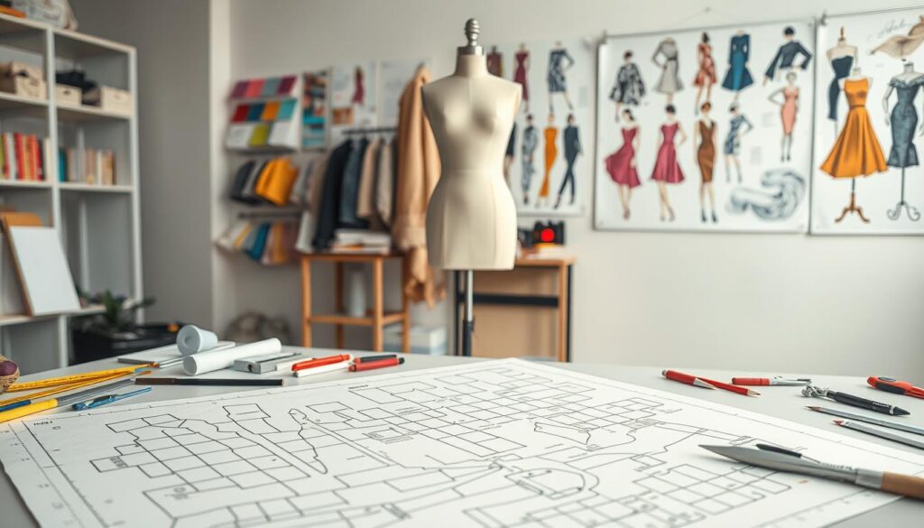 A well-lit, high-resolution studio scene depicting the essential skills and tools required for a fashion patternmaker. In the foreground, an intricate pattern draft lies on a cutting table, surrounded by a variety of specialized pattern-making tools such as rulers, curves, scissors, and marking implements. In the middle ground, a dress form stands, showcasing the technical know-how needed to translate 2D patterns into 3D garments. The background features a mood board with fabric swatches, color palettes, and inspirational fashion illustrations, highlighting the creativity and attention to detail inherent in the patternmaker's craft. The overall composition conveys the multifaceted nature of this profession, blending technical precision with artistic flair.