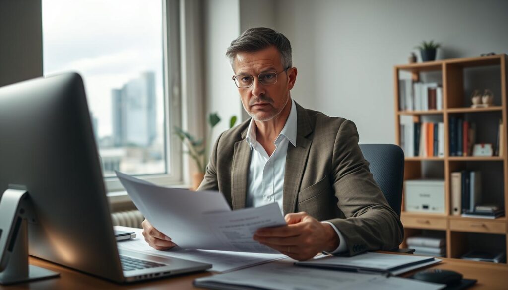 A well-lit home office setting with a middle-aged professional sitting at a desk, reviewing financial documents and planning their career transition. The background features bookshelves, a window overlooking a city skyline, and muted tones to convey a sense of focus and contemplation. The subject's expression is one of determination, as they strategize their economic preparation for a job change in their 30s. Soft, directional lighting illuminates the scene, creating a pensive, introspective atmosphere.