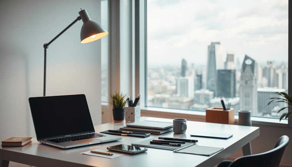 A well-lit home office with a laptop, smartphone, and various office supplies on a clean, minimalist desk. Soft lighting from a floor lamp creates a warm, productive atmosphere. In the background, a large window offers a view of a bustling city skyline, hinting at the potential for side gigs and entrepreneurial opportunities beyond the 9-to-5. The scene conveys a sense of transition, possibility, and the ability to balance a stable career with dynamic freelance work.