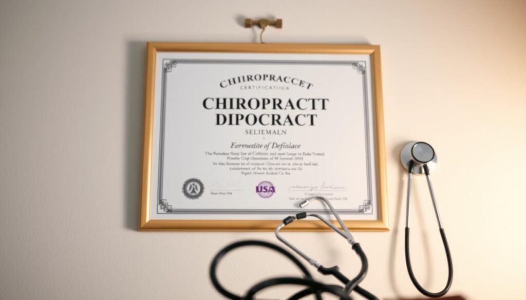 A well-lit image of a chiropractor's license certificate and diploma hanging on a wall, with a stethoscope and other medical instruments in the foreground. The certificate should be the central focus, with a clean, professional background that conveys a sense of authority and expertise. The lighting should be soft and warm, highlighting the details of the certificate and creating a soothing, calming atmosphere. The angle should be slightly elevated, giving the viewer a sense of the certificate's importance and significance in the field of chiropractic care.