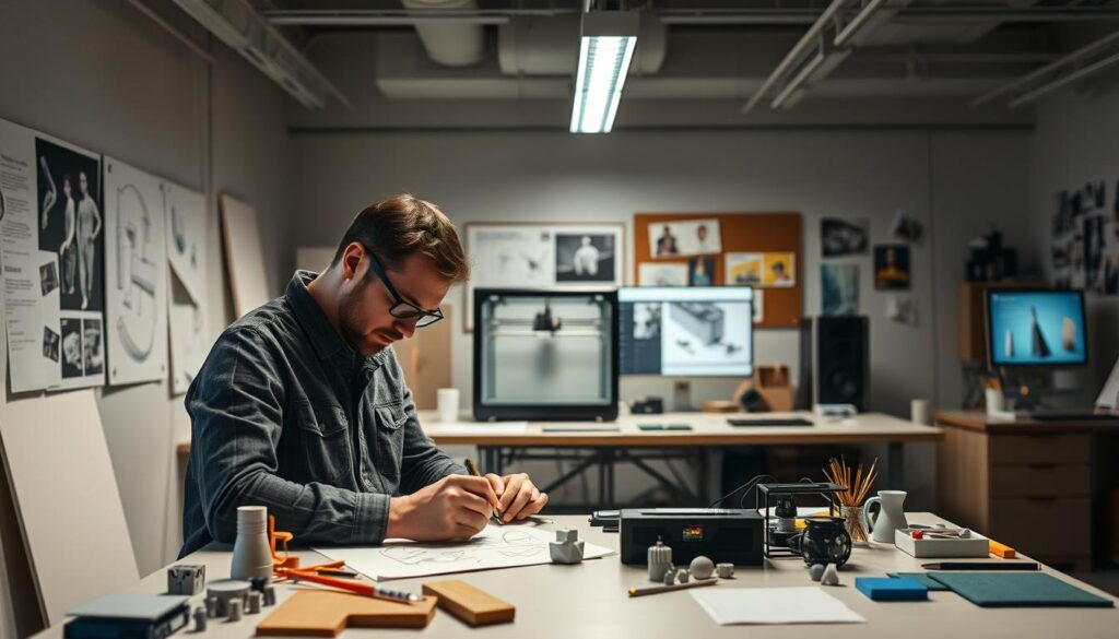 A well-lit industrial design studio, with a central workbench showcasing the design process. In the foreground, an engineer meticulously sketches concepts on a drawing pad, surrounded by prototyping tools and materials. The middle ground features a 3D printer producing a small model, while the background reveals a computer screen displaying CAD software and a mood board of inspirational images. The lighting is a balance of soft, diffused natural light and focused task lighting, creating a productive and innovative atmosphere. The overall scene conveys the multi-faceted nature of an industrial designer's work, from ideation to product development.