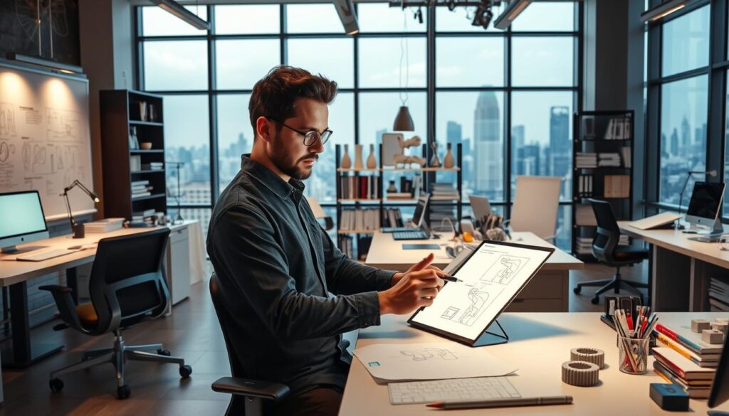 A well-lit industrial design studio with sleek workstations, ergonomic chairs, and an array of design tools. In the foreground, a professional industrial designer intently sketching concepts on a digital tablet, their face illuminated by the screen's glow. Behind them, a large whiteboard displays technical drawings and prototypes. The middle ground features neatly organized shelves stocked with materials, 3D-printed models, and design reference books. The background showcases a panoramic view of a modern cityscape through floor-to-ceiling windows, hinting at the high-end clientele and ambitious projects the designer navigates. The overall atmosphere conveys a fusion of creativity, technical expertise, and a comfortable, well-equipped workspace befitting the lucrative industrial design profession.