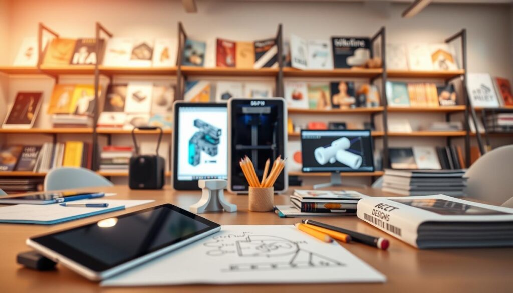 A well-lit industrial design workshop, showcasing an assortment of design tools and resources. In the foreground, a sleek digital tablet and a sketchpad with pencils, highlighting the creative process. In the middle ground, a 3D printer and a computer monitor displaying CAD software, representing the technical aspects of design. The background features shelves lined with design books, magazines, and product samples, creating an atmosphere of learning and inspiration. Soft, warm lighting illuminates the scene, conveying a sense of focus and productivity. The overall composition emphasizes the multifaceted nature of industrial design education and the diverse range of resources available to aspiring designers.