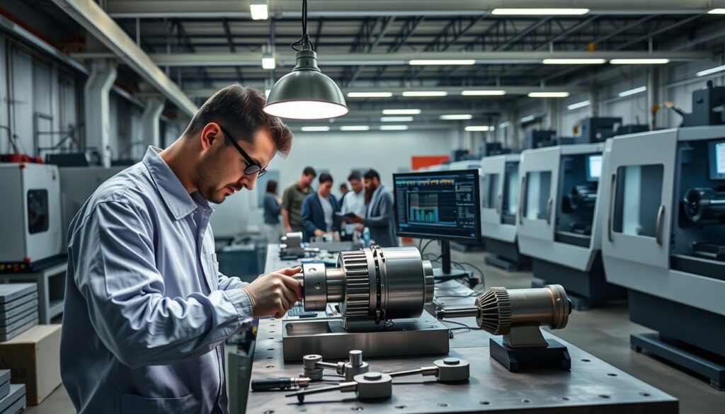 A well-lit industrial workshop, with a central workbench showcasing a precision facemill and various quality control tools. In the foreground, a worker in a clean uniform carefully inspects a machined part under a high-intensity lamp, meticulously measuring its dimensions with calipers. In the middle ground, a team of technicians monitor a computer-controlled inspection system, analyzing part data and quality metrics. The background reveals rows of CNC milling machines, their spindles whirring as they produce parts with exacting tolerances. The overall scene conveys a sense of focus, attention to detail, and commitment to maintaining the highest standards of quality and safety in the manufacturing process.