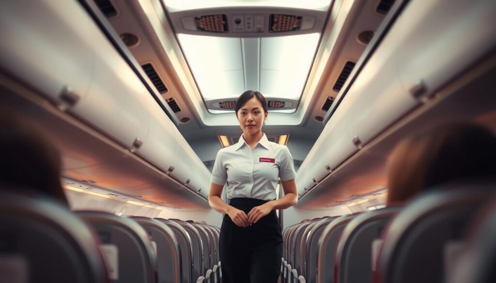 A well-lit interior cabin of a commercial aircraft, with a cabin attendant diligently performing their duties. The attendant is standing in the center of the frame, dressed in a crisp, neatly pressed uniform, attending to the needs of passengers. The cabin is spacious, with rows of comfortable seats and overhead storage compartments. Soft, warm lighting illuminates the scene, creating a cozy and inviting atmosphere. The angle is slightly elevated, capturing the attendant's activities from a perspective that conveys the professionalism and dedication of their work. The background is blurred, emphasizing the attendant's focused attention on their tasks.
