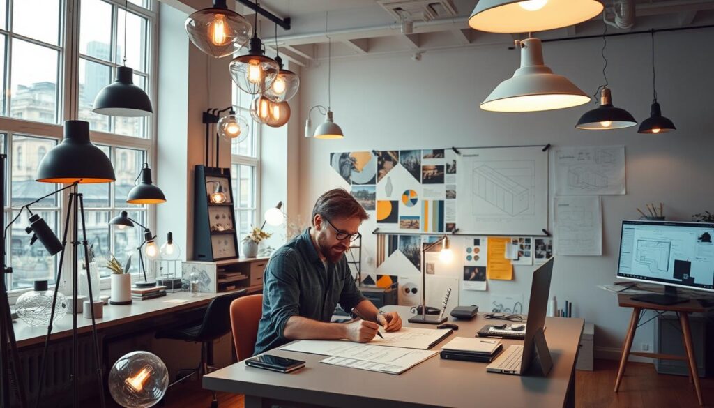 A well-lit interior design studio, with large windows and natural light filtering in. In the foreground, a lighting designer sits at a desk, intently sketching concepts for a new project. Surrounding them, an array of lighting fixtures, both modern and vintage, showcasing their expertise in luminaire selection. In the middle ground, a mood board displays inspiration images, color palettes, and technical diagrams, reflecting their keen eye for aesthetics and technical understanding. The background features a 3D modeling software interface, hinting at their proficiency in computer-aided design. The overall atmosphere is one of creativity, attention to detail, and a deep passion for illuminating spaces.