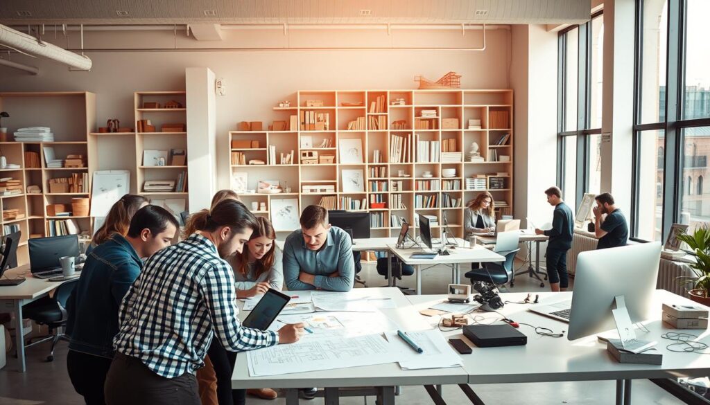 A well-lit interior of a modern design studio, with architects and designers collaborating at sleek desks and workstations. Sunlight streams through large windows, casting a warm glow over the space. In the foreground, a team huddles around a drafting table, intently discussing plans and sketches. The middle ground features individuals typing on laptops, referencing design software, and sharing ideas. In the background, bookcases and shelves display an array of architectural models, reference materials, and inspirational mood boards. The atmosphere is one of focused creativity, with a sense of professionalism and attention to detail.