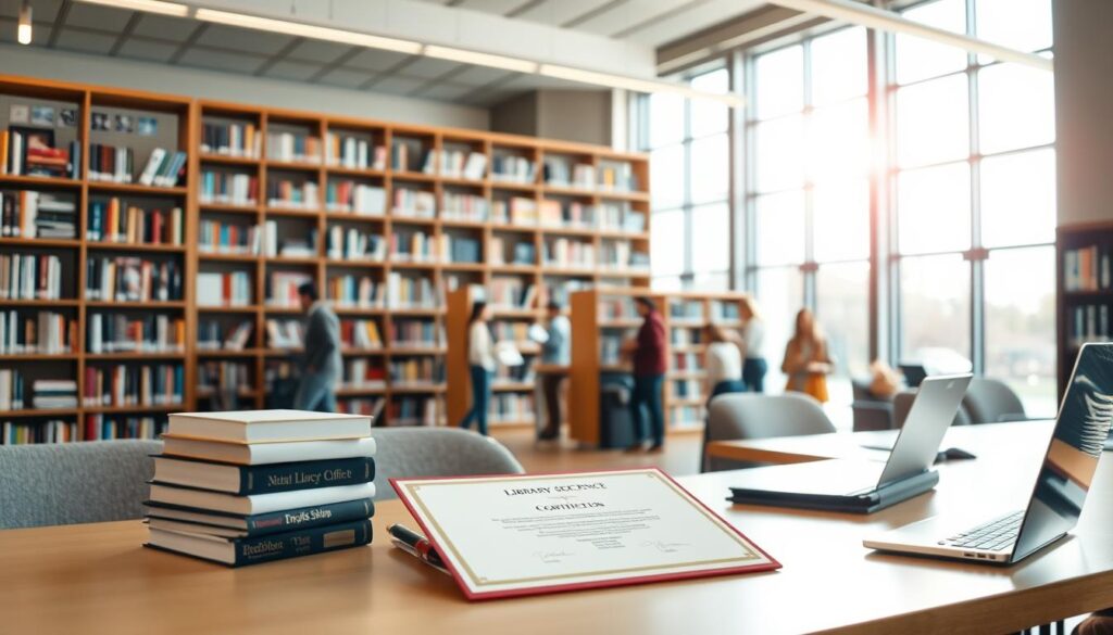A well-lit interior of a modern library, with sunlight streaming through large windows. In the foreground, a desk with a stack of books and a laptop, indicating a study or work area. On the desk, a certificate or diploma prominently displayed, representing the completion of a library science program. In the middle ground, rows of bookshelves filled with diverse volumes, creating a sense of knowledge and intellectual pursuit. In the background, a group of people browsing the shelves or engaged in study, highlighting the vibrant atmosphere of the library. The overall scene conveys a sense of professionalism, dedication, and the fulfillment of becoming a certified librarian.