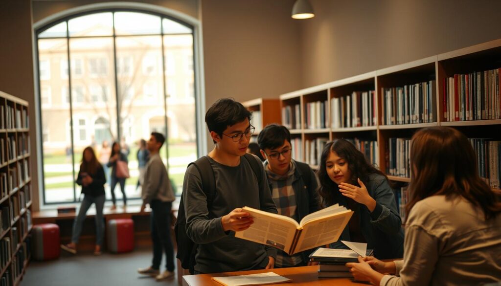A well-lit interior of a university library, with rows of bookshelves lining the walls and a group of students gathered around a desk, discussing course materials. In the foreground, a student holds an open book, gesturing as they explain a concept to their peers. The lighting is warm and inviting, creating a sense of academic focus and camaraderie. In the background, a large window overlooking a campus courtyard, where a few students can be seen walking by. The overall scene conveys the process of obtaining a curator's certificate, with students actively engaged in learning and research within a scholarly environment.