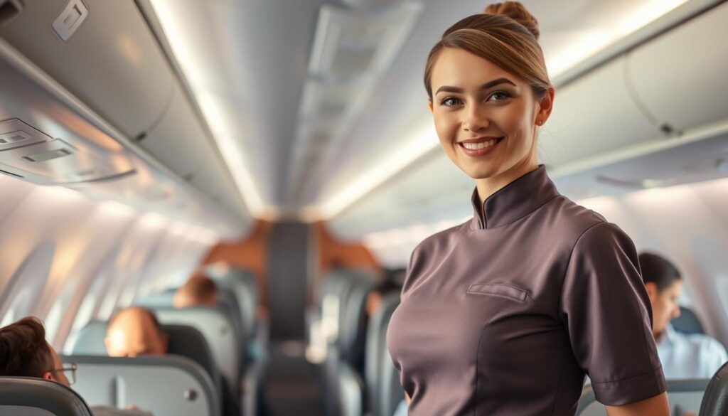 A well-lit interior of an aircraft cabin, with a flight attendant standing in the foreground, dressed in a crisp, professional uniform. Their posture is upright and their expression is warm and attentive, conveying a sense of calm and confidence. In the middle ground, passengers are seated, some engaged in conversation, others resting. The background features the sleek, modern design of the aircraft interior, with clean lines, muted colors, and subtle lighting. The overall atmosphere is one of efficiency, professionalism, and attentive service, capturing the essential skills and attributes required of a flight attendant.