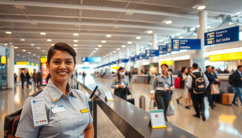 A well-lit interior of an airport terminal, with a dedicated check-in counter for ground staff. In the foreground, a uniformed airport employee stands at the counter, their nametag visible and a warm, professional demeanor. On the counter, various credentials and certificates are displayed, highlighting the extensive training and qualifications required for this role. The middle ground features airport passengers navigating the terminal, emphasizing the importance of the ground staff's expertise in customer service and operations. The background showcases the bustling activity of the airport, with a mix of natural and artificial lighting creating a vibrant, dynamic atmosphere.