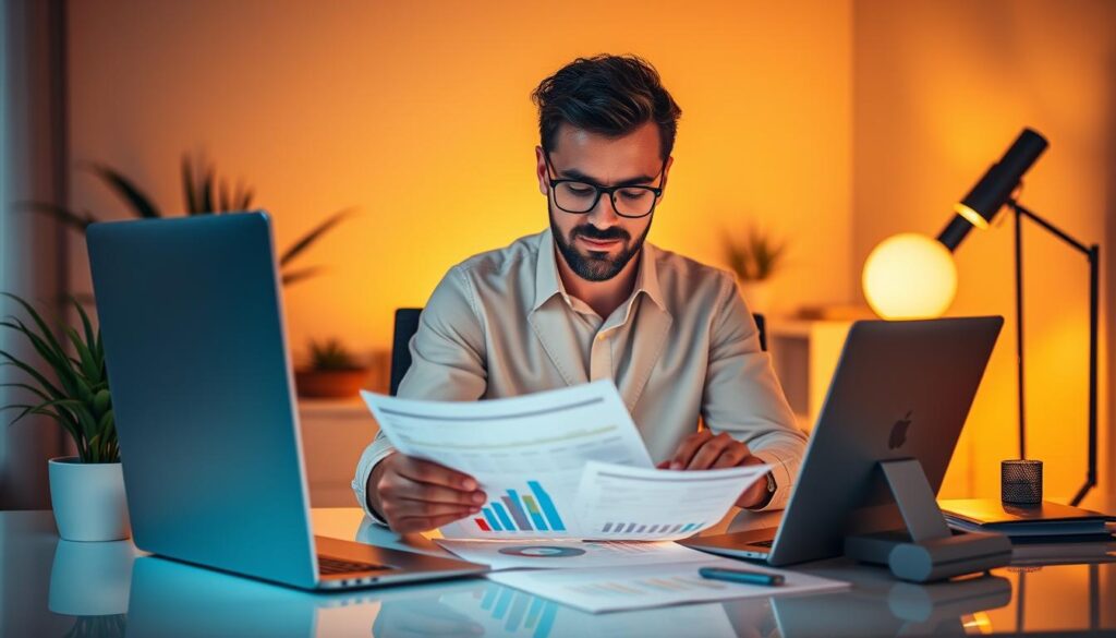 A well-lit interior office scene, showcasing a hardworking design producer meticulously reviewing financial reports and salary statistics on a sleek desk setup. Warm, ambient lighting illuminates the space, creating a professional and focused atmosphere. The producer is surrounded by modern office decor, including a potted plant, a minimalist lamp, and a neatly organized workspace. The image should convey a sense of diligence, expertise, and the financial aspects of the design producer's role, without any distracting text or overlays.