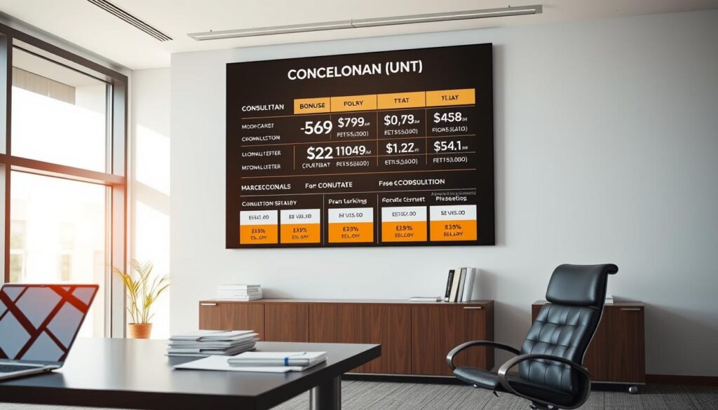 A well-lit interior office setting, showcasing the financial aspects of a consultant's compensation. In the foreground, a sleek desk with a laptop, stacks of documents, and a stylish leather chair. The middle ground features a large wall-mounted display with an infographic detailing the breakdown of a consultant's salary, including base pay, bonuses, and benefits. The background has floor-to-ceiling windows, allowing natural light to flood the space and create a professional, yet warm ambiance. The overall scene conveys the lucrative earning potential and financial stability associated with a career as a consultant.