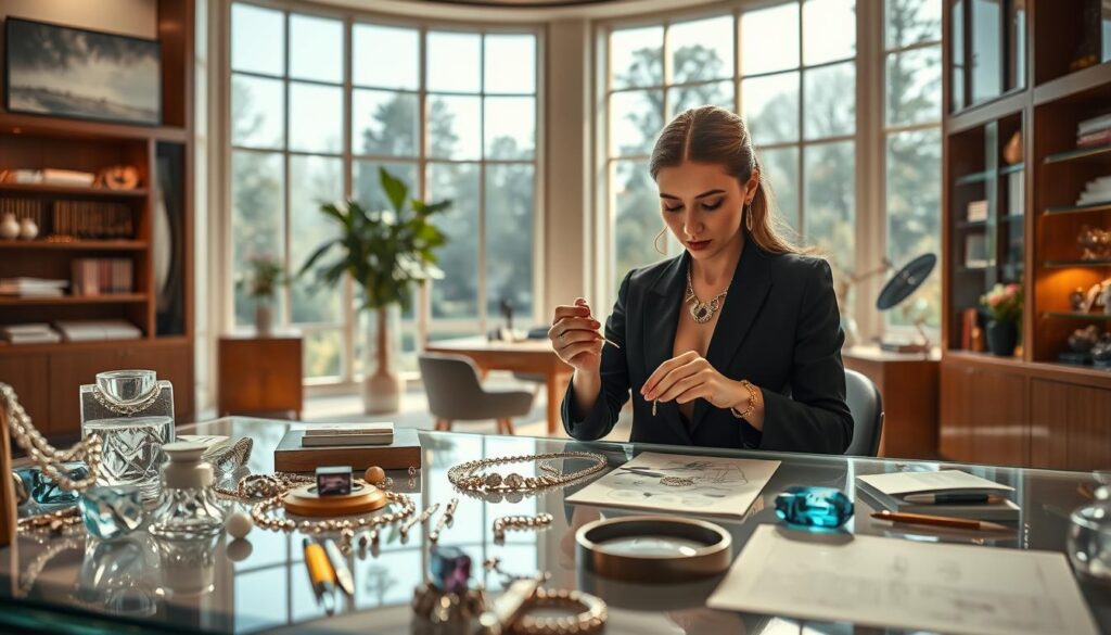 A well-lit interior scene of a luxurious jewelry studio. In the foreground, a jewelry designer in a stylish outfit sits at a workbench, carefully crafting a delicate necklace. The middle ground showcases various gemstones, tools, and sketches on the designer's desk, hinting at the intricate process. The background features floor-to-ceiling windows, allowing natural light to flood the space and highlighting the high-end, sophisticated ambiance. The overall mood conveys the artistry, precision, and earning potential of a successful jewelry designer.