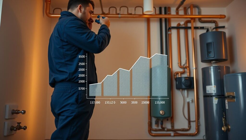 A well-lit interior scene of a residential home's plumbing system. In the foreground, a skilled plumber, clad in a navy blue jumpsuit, is inspecting a section of copper piping, tools in hand. The middle ground features a breakdown of the plumber's annual earnings, displayed as a holographic projection against a neutral background. The background showcases the various components of the plumbing system, such as valves, junctions, and water heaters, all bathed in a warm, inviting lighting scheme. The overall atmosphere conveys a sense of professionalism, expertise, and the vital role of plumbers in maintaining a functional home.