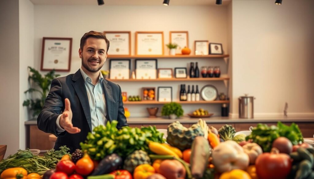 A well-lit interior scene showcasing the benefits of obtaining a vegetable sommelier certification. In the foreground, a confident, smartly-dressed vegetable sommelier stands amid an array of vibrant, freshly harvested produce, gesturing towards the bounty. The middle ground features neatly organized shelves displaying various certifications and awards, suggesting the professional recognition and expertise of the sommelier. The background depicts a modern, minimalist kitchen or dining space, conveying the sommelier's elevated understanding of vegetables and their culinary applications. Warm lighting and a serene, refined atmosphere create a sense of authority and appreciation for the sommelier's specialized knowledge and skills.