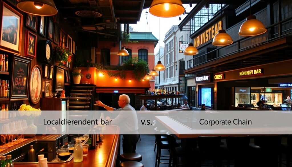A well-lit interior scene showcasing the distinct characteristics of a local independent bar versus a corporate chain establishment. In the foreground, a cozy, intimate space with handcrafted decor, a personalized bar counter, and a bartender attentively serving a customer. In the middle ground, a vibrant, modern chain bar with sleek, uniform furnishings and a bustling atmosphere. The background depicts the contrasting neighborhoods - the independent bar nestled in a quaint, historic district, the chain bar situated in a commercial high-street setting. Warm, ambient lighting bathes the scene, creating a welcoming ambiance that underscores the unique personalities of the two bar types.