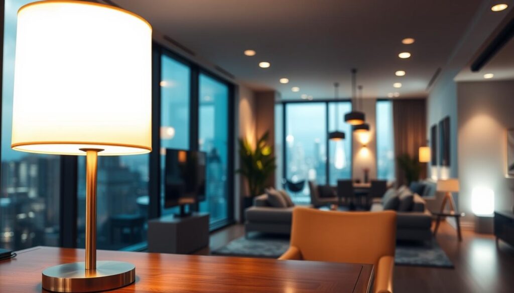 A well-lit interior space showcasing the integral role of lighting in spatial design. The foreground features a sleek, minimalist table lamp with a cylindrical shade casting a warm, diffused glow across the surface. In the middle ground, a floor-to-ceiling window frames an expansive city skyline, the natural light streaming in and interacting with strategically placed recessed ceiling lights. The background depicts a cozy, open-concept living area with a mix of ambient and task lighting, including pendant fixtures and discreet wall sconces, creating a cohesive, harmonious atmosphere. The overall scene conveys the essence of how deliberate lighting choices can enhance the functionality, ambiance, and aesthetic appeal of a designed space.