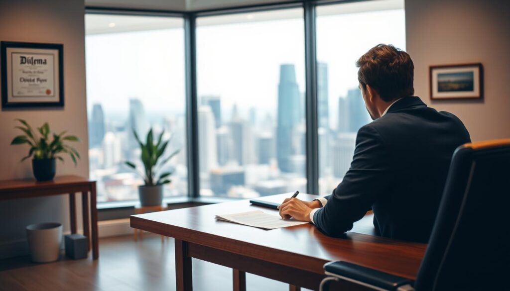 A well-lit interview room with a professional atmosphere. In the foreground, a person sits at a wooden desk, looking confident and prepared, their résumé and notes neatly organized. The middle ground features a potted plant and a framed diploma on the wall, conveying a sense of accomplishment. The background is slightly blurred, showcasing a large window overlooking a bustling city skyline, suggesting a high-caliber professional setting. The lighting is soft and warm, creating a calming, yet focused environment. The overall composition and attention to detail reflect the careful preparation and strategic approach needed to succeed in a job interview.