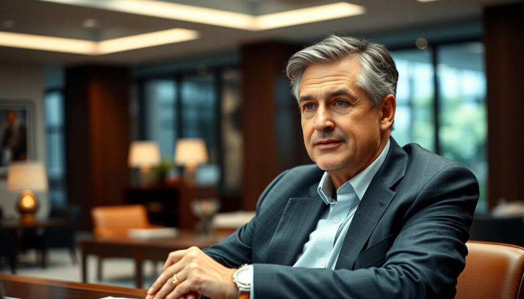 A well-lit interview scene with a middle-aged, professionally dressed business executive sitting at a desk, leaning forward with an engaged, thoughtful expression. The background is a blurred, high-end office interior with tasteful decor and large windows providing natural light. The camera angle is slightly elevated, giving a sense of authority and leadership. The lighting is soft and flattering, creating depth and dimension. The overall mood is one of professionalism, confidence, and approachability, fitting for a respected industry leader sharing their expertise.