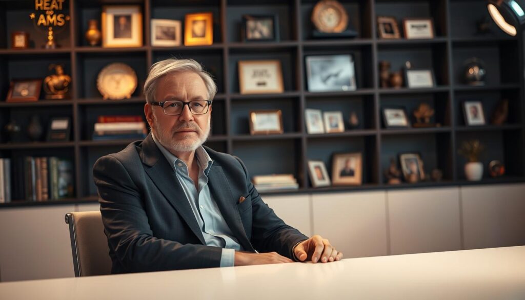 A well-lit interview set with a professional director seated at a modern, minimalist desk, facing the camera. Warm, directional lighting illuminates their face, creating a pensive, contemplative mood. The background is slightly blurred, featuring a bookshelf or shelves displaying awards, accolades, and personal mementos, hinting at the director's extensive experience and accomplishments. The director is dressed in a smart, tailored outfit, conveying a sense of authority and expertise. The camera angle is slightly low, looking up at the director, emphasizing their leadership and influence in the filmmaking industry.