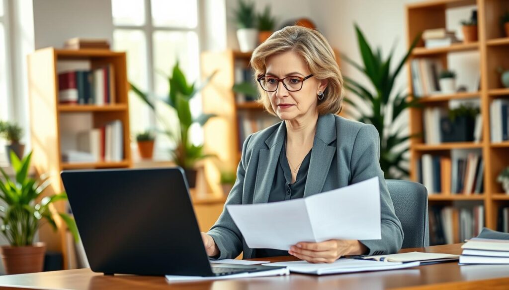 A well-lit, medium shot of a 50-year-old woman in a professional, yet warm and welcoming office setting. She is seated at a desk, papers and a laptop in front of her, an expression of focused concentration on her face. The background features bookshelves, potted plants, and natural light filtering in through windows, creating a calm and productive atmosphere. The woman's attire is smart, yet comfortable - a blazer, blouse, and slacks - conveying a sense of authority and experience. The lighting is soft and flattering, emphasizing her confidence and competence. The overall scene suggests a career-focused, yet balanced and fulfilling work environment suitable for a woman in her 50s.
