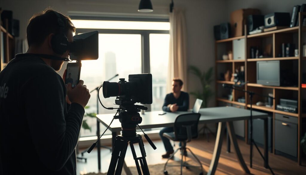 A well-lit, meticulously crafted home studio with professional video production equipment. In the foreground, a camera operator adjusts the settings on a high-end DSLR, carefully framing the shot. Behind them, a YouTuber sits thoughtfully in front of a sleek, minimalist desk, contemplating the next steps in their video creation process. Soft, directional lighting illuminates the scene, casting subtle shadows and highlights that accentuate the textures of the space. In the background, shelves filled with various filming accessories and a softly blurred cityscape through a large window create a sense of depth and atmosphere. The overall mood is one of focused creativity and a dedication to the art of video production.