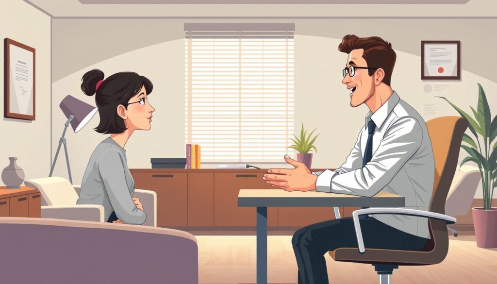 A well-lit, meticulously detailed illustration of a career transition agent in a professional office setting. The agent is seated at a desk, engaged in an animated discussion with a client. The agent's attentive expression and the client's thoughtful posture suggest a productive consultation. The office environment features modern furnishings, muted colors, and strategic lighting that creates a calming, professional atmosphere. Subtle visual cues, such as a diploma or certifications on the wall, convey the agent's expertise and qualifications. The overall composition strikes a balance between the human interaction and the refined, supportive workplace.