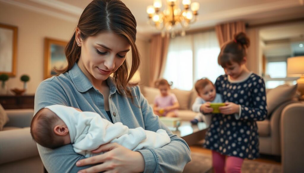 A well-lit, meticulously detailed interior scene depicting the distinct roles and responsibilities of a nanny and a babysitter. In the foreground, a nanny tenderly cradles a sleeping infant, her gaze attentive and nurturing. In the middle ground, a babysitter engages a toddler in playful activities, their interactions more casual and task-oriented. The background showcases a cozy, elegant living space, emphasizing the nanny's more comprehensive childcare duties compared to the babysitter's temporary, activity-focused role. Warm, soft lighting casts a comforting ambiance, while carefully composed camera angles highlight the subtle differences in the two professions.