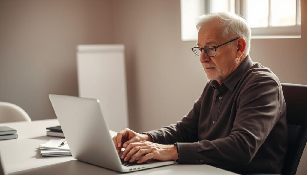 A well-lit, mid-shot indoor scene showing a senior adult sitting at a desk, focused intently on a laptop computer. The desk is uncluttered, save for a cup of coffee and a few neatly organized papers. The man's facial expression conveys a sense of purpose and determination, as if engaged in an important task or project. The background is a neutral, minimalist office space, with a window providing natural lighting that casts a warm, inviting glow. The overall atmosphere is one of productivity, concentration, and a purposeful transition into the next stage of life.