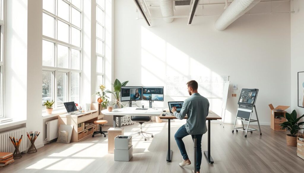 A well-lit, modern freelance design studio with a large open-plan workspace. Sunlight streams in through large windows, illuminating a sleek, minimalist aesthetic with clean lines and neutral colors. In the foreground, a designer sits at a standing desk, sketching ideas on a digital tablet. The middle ground features various creative tools and materials, including markers, paints, and 3D modeling software on multiple screens. In the background, a large whiteboard displays notes and brainstorming ideas. An airy, collaborative atmosphere pervades the space, reflecting the flexible, independent nature of a freelance environmental design career.