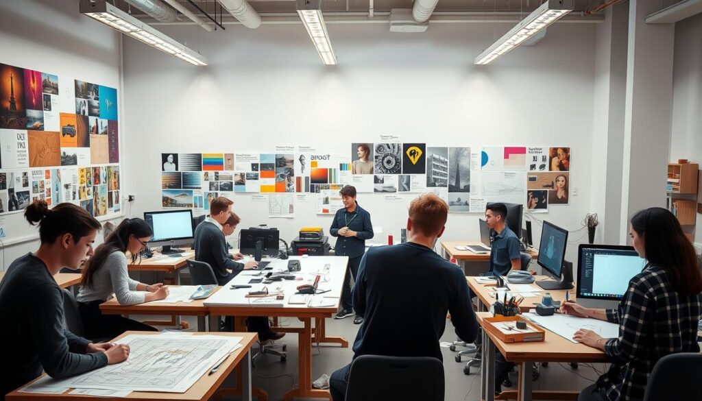 A well-lit modern industrial design studio, with an array of drafting tables, computers, and design tools. In the foreground, a group of students intently studying technical drawings, experimenting with materials and sketching prototypes. In the middle ground, an experienced designer demonstrating the latest CAD software, guiding their pupils. The background features a wall of inspirational mood boards, color palettes, and reference images, reflecting the diverse influences that shape industrial design. The overall atmosphere is one of focused creativity, where the next generation of designers are honing their skills to create innovative, functional, and aesthetically pleasing products.