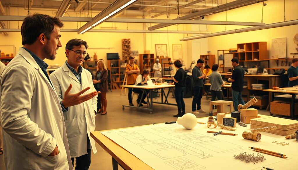 A well-lit, modern industrial design studio. In the foreground, a designer in a white lab coat conducts an in-depth interview with a subject, gesturing animatedly. The middle ground features a team of designers collaborating around a large drafting table, sketching and discussing plans. The background showcases a variety of prototypes, mock-ups, and cutting-edge design tools. Warm, focused lighting illuminates the space, creating a sense of professionalism and creativity. The overall atmosphere conveys the dynamic, collaborative nature of the industrial design process.