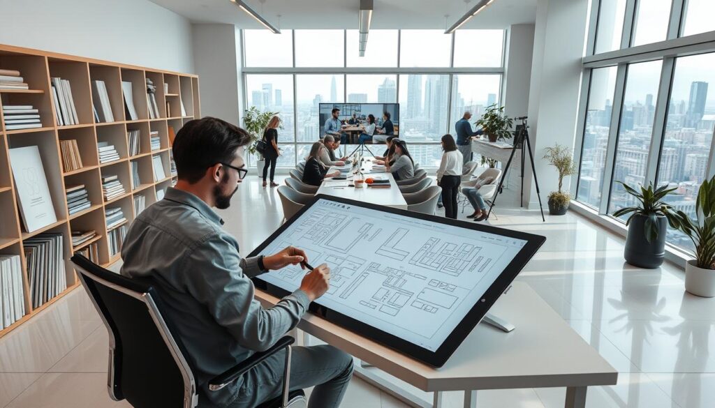 A well-lit, modern interior design studio with clean, minimalist aesthetic. In the foreground, an interior designer is sitting at a desk, meticulously sketching floor plans and furniture layouts on a large touchscreen display. Surrounding them, bookcases filled with design reference materials, material samples, and mood boards. In the middle ground, a team of designers collaborating around a large conference table, reviewing 3D renderings projected onto a wall-mounted screen. In the background, large windows overlooking a bustling city skyline, allowing natural light to flood the space. The atmosphere is one of focus, creativity, and professionalism, capturing the essence of an interior designer's day-to-day responsibilities.