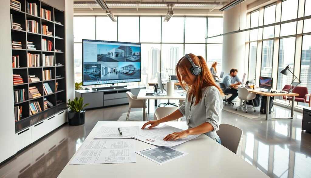 A well-lit, modern interior design studio with floor-to-ceiling windows overlooking a vibrant cityscape. In the foreground, a young, stylishly dressed woman, an aspiring interior designer, pores over design sketches and mood boards laid out on a sleek, minimalist desk. Behind her, bookcases filled with design magazines and reference materials, and a large, interactive touchscreen displays 3D models and rendering software. In the background, a team of designers collaborate at various workstations, surrounded by samples of fabrics, finishes, and furnishings. The space exudes a sense of creativity, innovation, and the pursuit of design excellence.