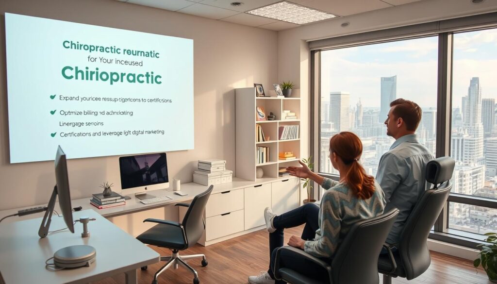 A well-lit, modern office interior with a chiropractor's desk, computer, and medical equipment. In the foreground, a chiropractor is consulting with a patient, gesturing towards a projected image on the wall that illustrates methods for increasing chiropractor income, such as expanding services, optimizing billing, and leveraging digital marketing. The middle ground features shelves with industry-relevant books and certifications. The background showcases large windows overlooking a bustling cityscape, conveying a sense of professional success and growth potential. The overall mood is one of expertise, innovation, and a commitment to enhancing the financial well-being of the chiropractic practice.