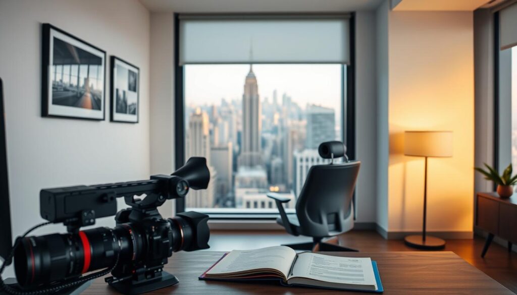 A well-lit, modern office interior with a minimalist aesthetic. In the foreground, a professional photographer's desk with high-end camera gear, a laptop, and an open notebook. On the wall behind, a large, framed photograph showcases the photographer's artistic skills. The middle ground features a sleek, ergonomic office chair and a window overlooking a bustling cityscape. The background is bathed in warm, natural lighting, creating a sense of productivity and creative inspiration. The overall composition conveys the idea of a successful, high-earning photography director.