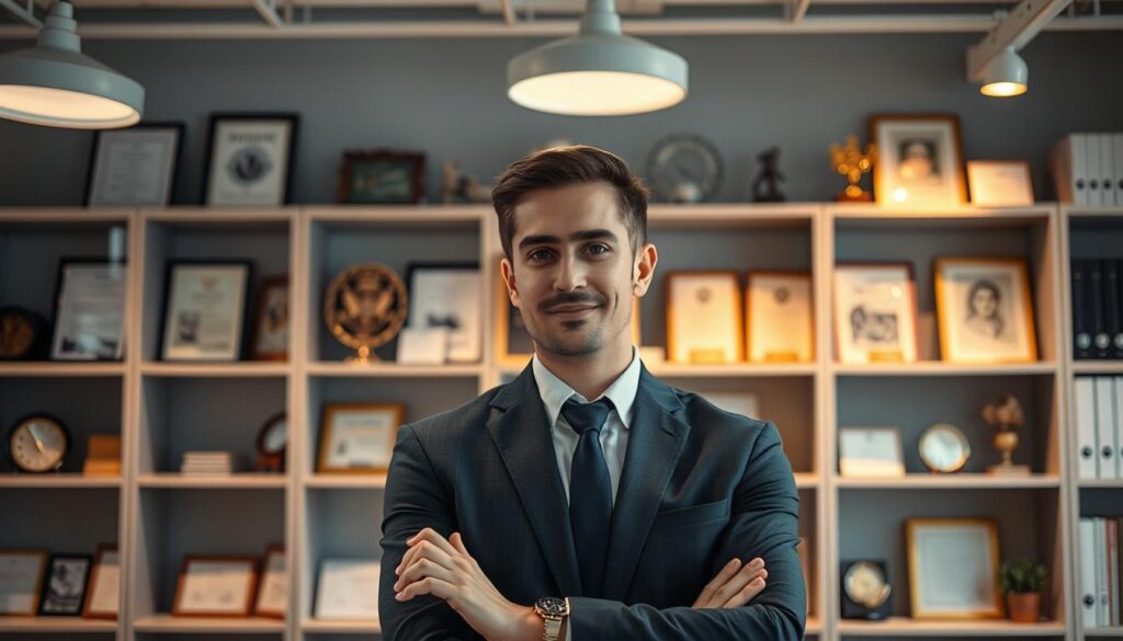 A well-lit, modern office interior with a professional-looking person standing in the foreground, gesturing confidently while making eye contact. The background should feature shelves or display cabinets showcasing various achievements, certifications, and awards, conveying a sense of competence and continuous self-improvement. The overall mood should be one of determination, positivity, and a strong personal brand. Subtle, warm lighting from various angles highlights the subject's face and body language, creating a sense of professionalism and authority.