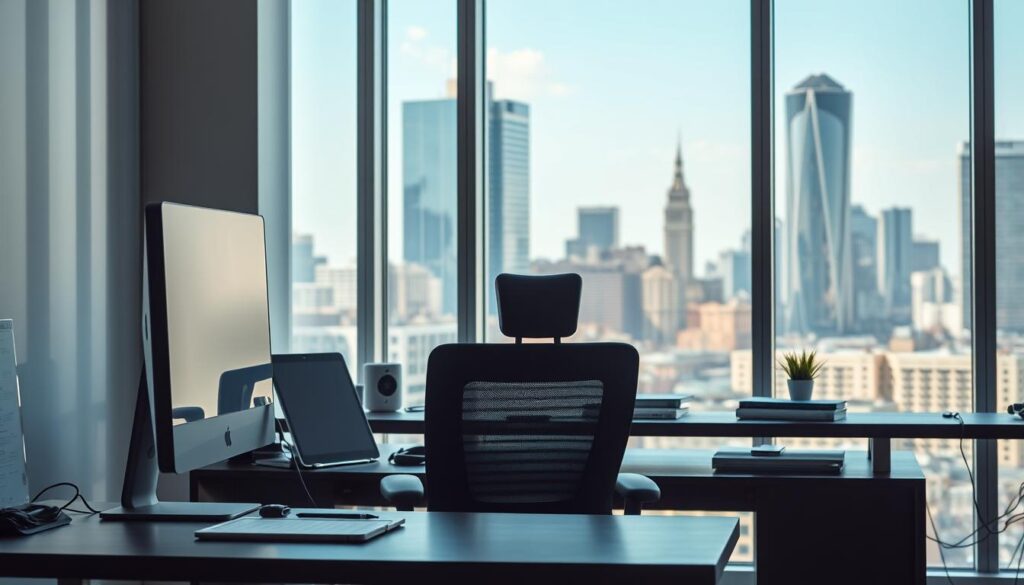 A well-lit, modern office setting featuring a designer's workstation. In the foreground, a stylish desk with a sleek computer monitor, a tablet, and various design tools. The middle ground showcases a comfortable ergonomic chair and a large window providing natural lighting. The background depicts city skyline with high-rise buildings, suggesting an urban, professional environment. The mood is one of productivity, creativity, and financial stability, reflecting the appropriate earning potential for a skilled designer.
