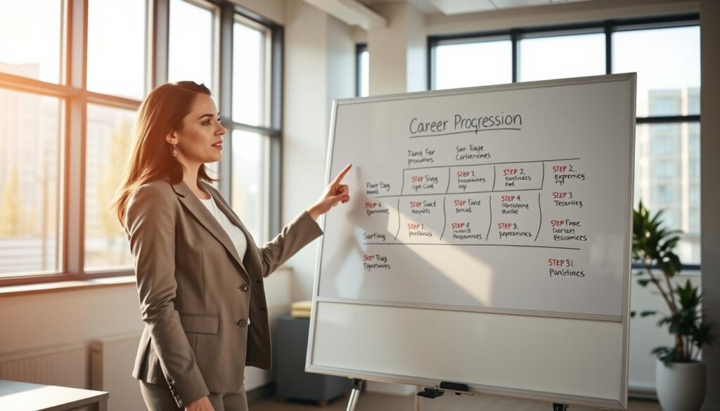 A well-lit, modern office setting with a professional woman standing at a whiteboard, pointing to a career progression diagram. The room has large windows, with natural lighting casting a warm glow. The woman wears a tailored suit and appears confident, gesturing towards the board which displays various steps and milestones for career advancement. The background has minimal distractions, allowing the focus to remain on the woman and the visual representation of the "キャリアアップの方法".
