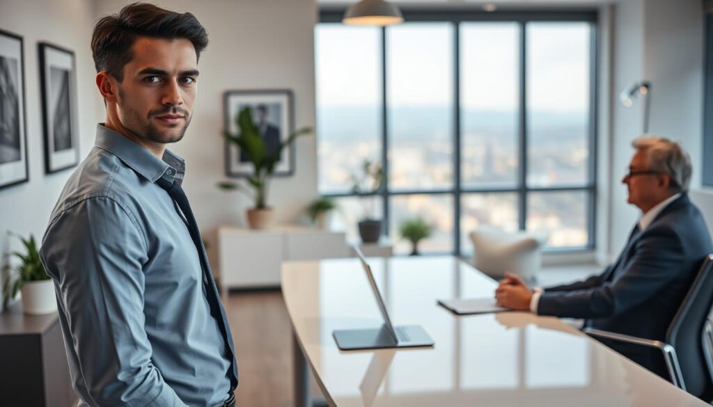 A well-lit, modern office setting with a warm, inviting atmosphere. In the foreground, a young, professionally dressed man stands confidently, his gaze focused and determined, as he engages in a mock interview with a senior, experienced-looking individual seated across a sleek, minimalist desk. The middle ground features tasteful decor elements such as potted plants, framed artwork, and a large window offering a scenic view, creating a sense of professionalism and opportunity. The background is softly blurred, hinting at the bustling activity of a thriving workplace. The overall scene conveys the essence of a chiropractor's job search, portraying the candidate's poise, the interviewer's discerning assessment, and the dynamic, progressive environment of a successful healthcare organization.