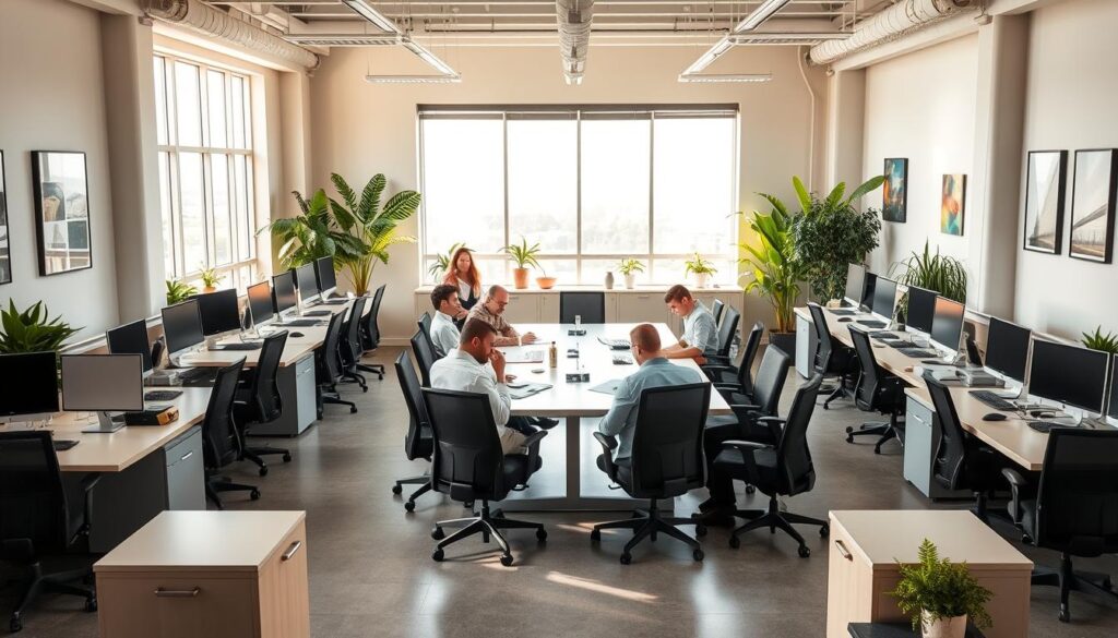 A well-lit, modern office space with rows of desks and ergonomic chairs. Potted plants and artwork decorate the walls, creating a pleasant, professional atmosphere. In the center, a large conference table with comfortable chairs, where agricultural civil engineering consultants collaborate on project plans and discuss technical details. Natural light floods in through large windows, casting a warm glow over the workspace. High-tech computer equipment and drafting tools are neatly arranged, reflecting the hands-on, analytical nature of the consultants' work. The room has a sense of productivity and focus, with an underlying current of environmental awareness, as the consultants work to design sustainable infrastructure for rural areas.