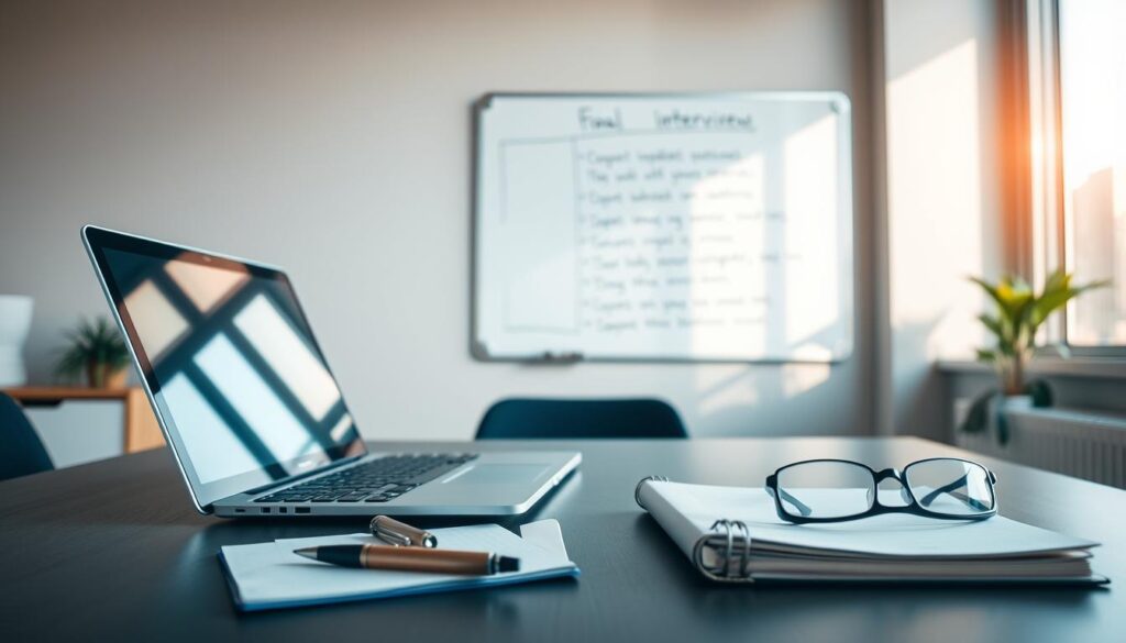 A well-lit office desk, with a laptop, a smart pen, a planner, and a pair of glasses neatly arranged. In the background, a wall-mounted whiteboard displays a list of key points for a job interview. Warm, natural lighting filters through a large window, casting a soft glow on the workspace. The overall atmosphere exudes a sense of organization, professionalism, and preparedness, reflecting the importance of the final job interview.