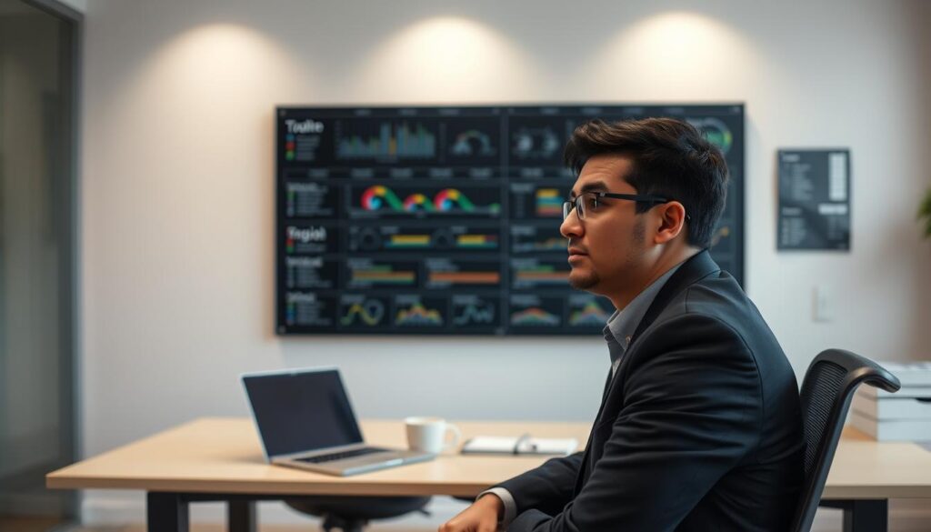 A well-lit office environment with a central desk and ergonomic chair. On the desk, a laptop, notepad, and coffee mug. Behind the desk, a large wall-mounted display showcasing technical diagrams and project timelines. Soft indirect lighting creates a professional, contemplative atmosphere. In the foreground, a person, dressed in business attire, is deep in thought, contemplating their next steps as a technical director. The scene conveys the analytical, strategic, and technologically-driven nature of the role.