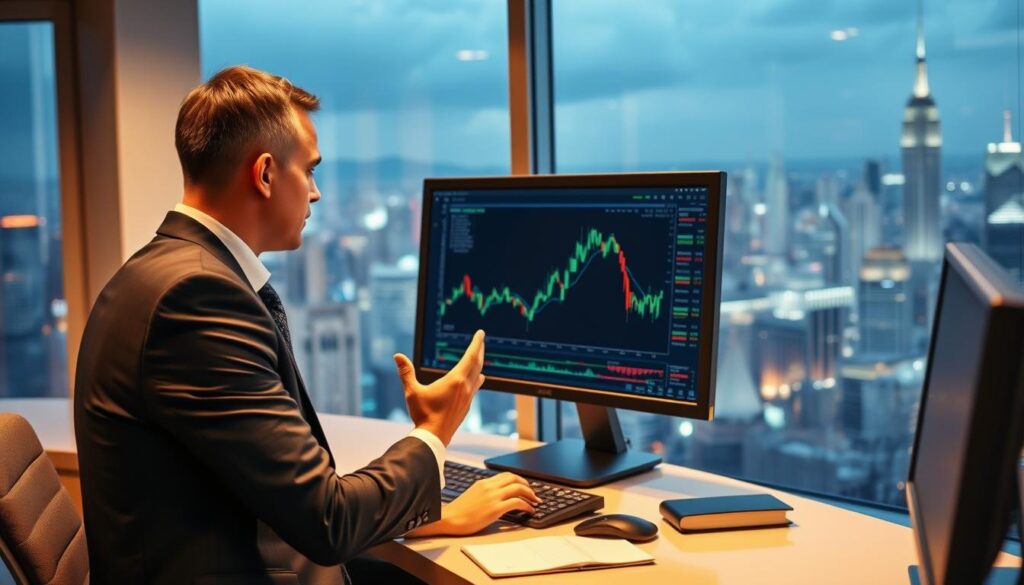 A well-lit office environment, with a desk prominently featuring a computer monitor, trading terminal, and financial charts. In the foreground, a male forex trader in a suit, intently focused on the screens, hands gesturing as he analyzes market data. The background showcases a panoramic view of a bustling financial district, skyscrapers and towers rising in the distance, conveying the high-stakes, fast-paced nature of the currency trading industry. Soft, warm lighting illuminates the scene, creating a sense of professionalism and success. The overall mood is one of intensity, expertise, and the potential for substantial financial rewards.