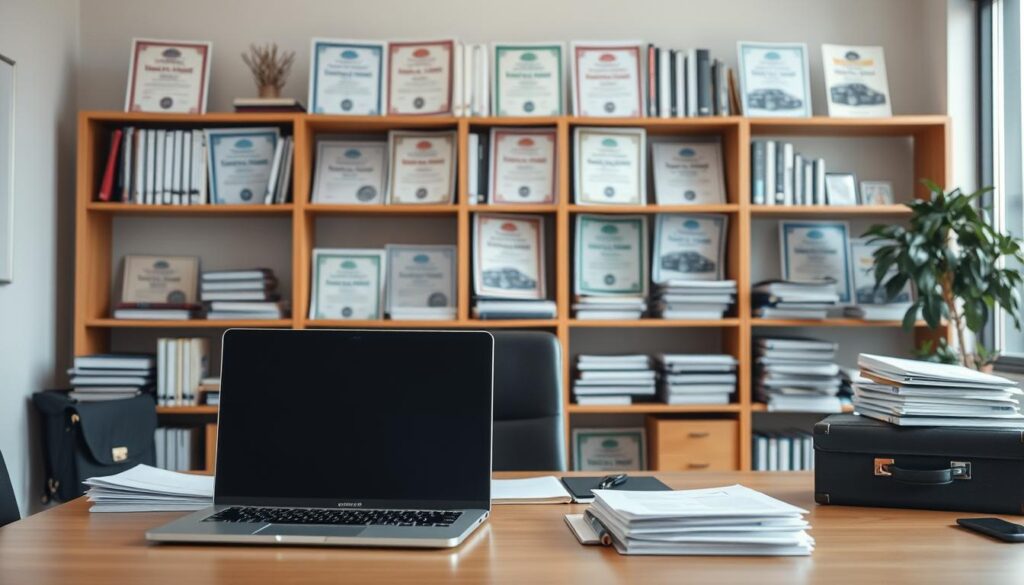A well-lit office interior, showcasing a desk with a laptop, briefcase, and stacks of papers. In the background, a bookshelf filled with professional certifications and licenses, representing the diverse qualifications required for a successful car dealership career. The scene exudes an atmosphere of expertise, diligence, and the importance of continuous learning and development in the dynamic automotive industry.