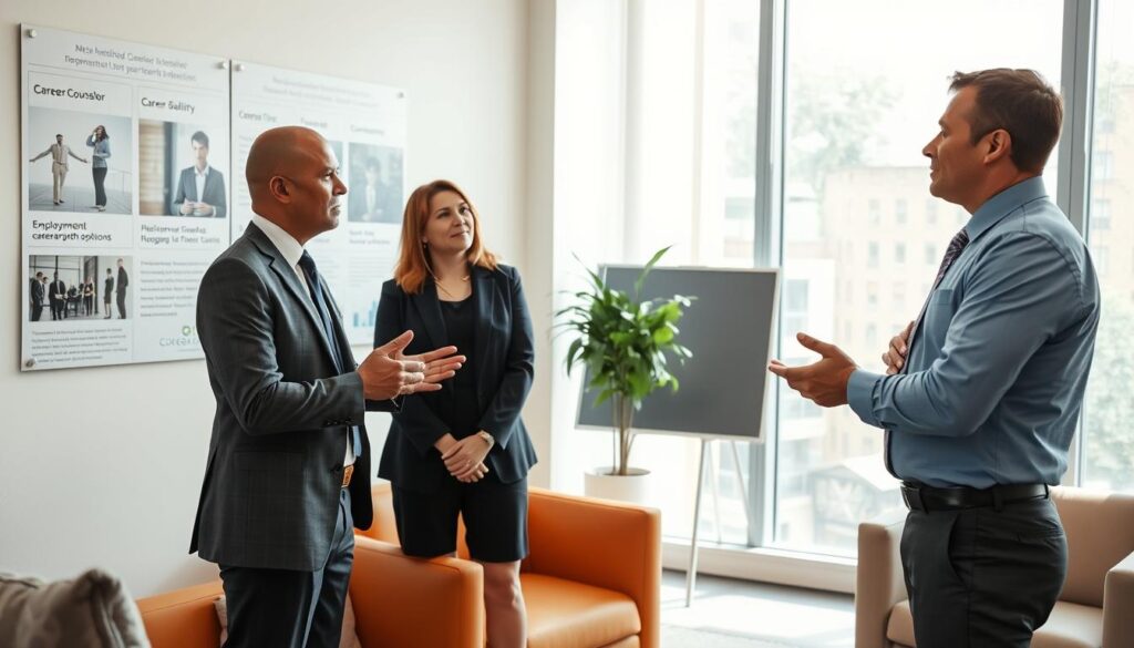 A well-lit office interior, showcasing a professional career counselor meeting with a job seeker. The counselor, dressed in a smart business attire, is engaged in a thoughtful discussion, gesturing towards a wall display featuring employment opportunities and career growth options. The job seeker, dressed in a crisp shirt and tie, is attentively listening, hands folded, conveying an air of earnest consideration. The scene is framed by tasteful modern furniture, with a large window in the background, allowing natural light to flood the space and create a sense of openness and professionalism. The overall mood is one of guidance, expertise, and the potential for a successful career transition.