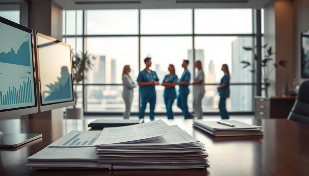 A well-lit office interior with a corporate executive's desk in the foreground. On the desk, a stack of documents and a computer monitor displaying graphs and charts, symbolizing the financial aspects of a career. In the middle ground, a team of healthcare professionals in medical scrubs engaged in discussion, representing the co-medical field. The background features a large window overlooking a cityscape, suggesting the potential for growth and advancement. The mood is one of professionalism, progress, and the pursuit of higher earnings within the co-medical industry.